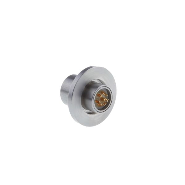 The Leybold North America Electrical Feedthroughs DN 40 ISO-KF Single Feedthrough features a circular metal body with multiple gold pins in a silver casing, ideal for vacuum systems and ISO-KF applications, shown isolated on a white background.