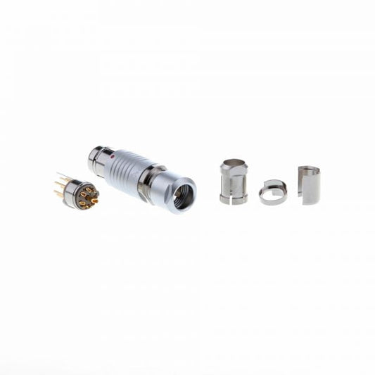 A disassembled Leybold North America Feedthrough Plug 9 pins - Vacuum Side, designed for reliable electrical connectivity, displays its separate metal parts and gold pins aligned on a white background.