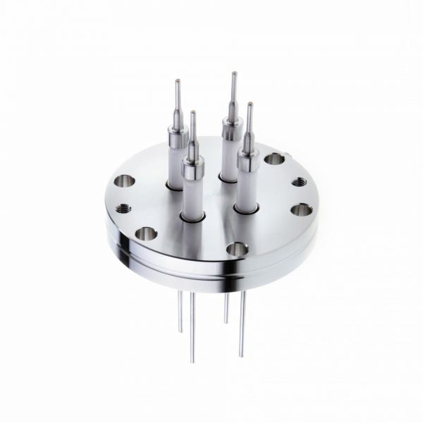 The UHV-Current Feedthrough FE 40/4 by Leybold North America features a circular metal design with five cylindrical rods, holes, and protruding pins for high current capacity, ensuring electrical connectivity in mechanical or electronic systems, set against a plain white background.