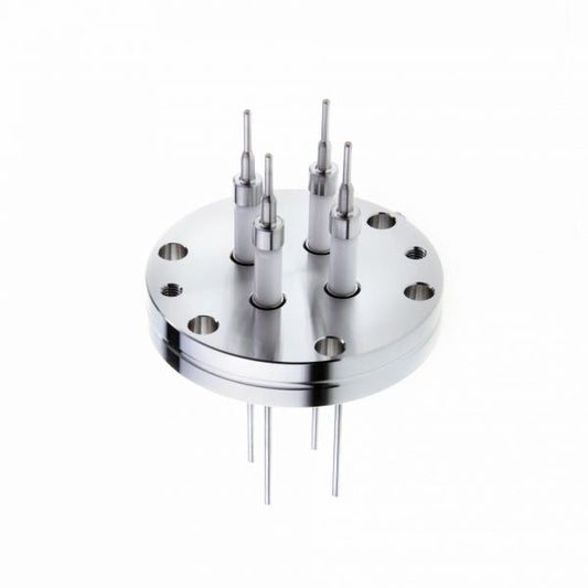The UHV-Current Feedthrough FE 40/4 by Leybold North America features a circular metal design with five cylindrical rods, holes, and protruding pins for high current capacity, ensuring electrical connectivity in mechanical or electronic systems, set against a plain white background.