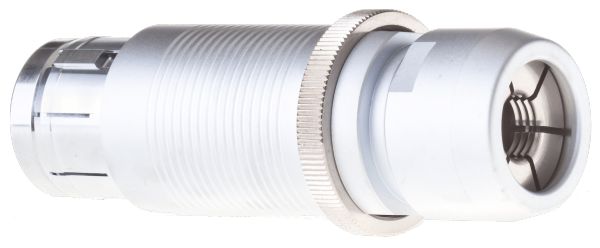 A close-up of the Leybold North America Feedthrough Plug 7 Pins - Vacuum Side, showing its cylindrical white body, metal components, and threaded details for secure electrical connections in vacuum equipment setups.