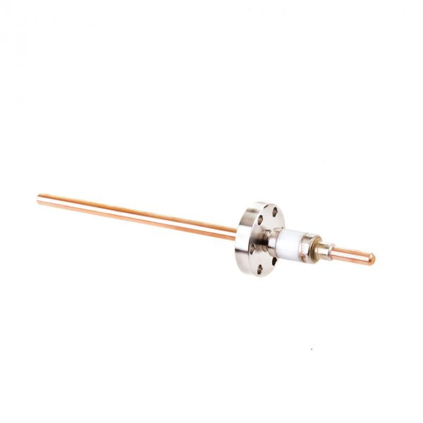 The Leybold North America UHV-Current Feedthrough FEHC 16/1 is a cylindrical rod with a central hub featuring bolt holes, designed for high-current applications. The copper rod contrasts elegantly with the metallic silver hub against a plain white background.