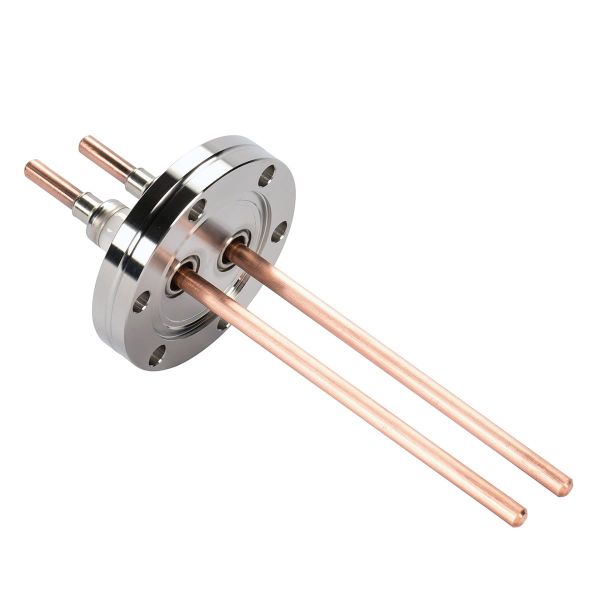 Close-up of the Leybold North America UHV-Current Feedthrough FEHC 40/2, showcasing a metal flange with two polished copper rods for precise electrical connections. The flange has several bolt holes for secure mounting, and the sleek design provides an elegant contrast against the shiny surface.