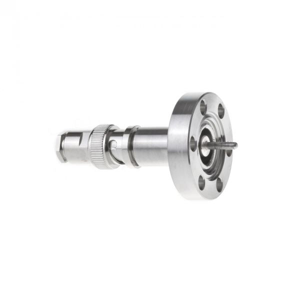 Close-up of Leybold North America's UHV-Current Feedthrough FEF 16/1, a polished stainless steel cylindrical component with threaded end and multiple flange holes, designed for ultra-high vacuum environments with high current capabilities.