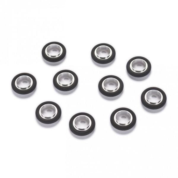 A set of ten black and silver Leybold North America Centering Rings DN 16 ISO-KF, suited for vacuum applications, are evenly spaced on a white background.