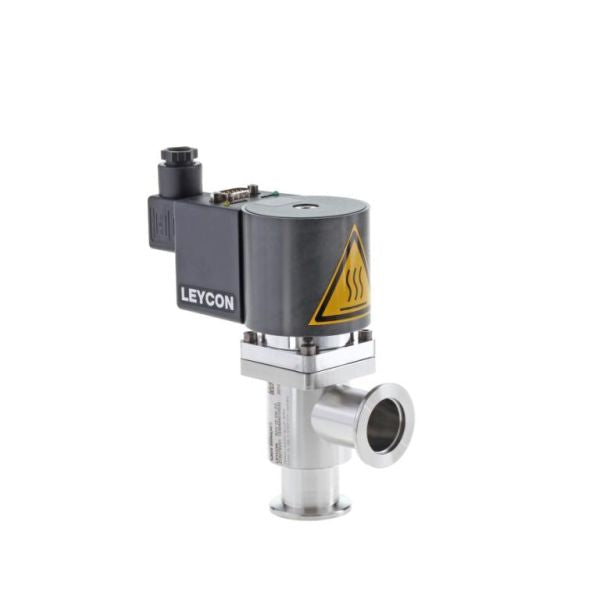 A cylindrical industrial component branded "Leybold North America," featuring a black, box-shaped top section labeled "LEYCON" and marked with a yellow caution symbol. The bottom section is metallic and includes a cylindrical opening. A connector and some wiring are visible on the top. This product is identified as the ISO-KF right angle valve, electromagnetically operated.