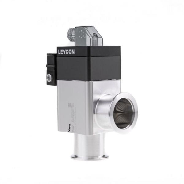 A metallic industrial valve with a cylindrical opening and labeled "Leybold North America." The valve, identified as an ISO-KF Right angle valve that is electropneumatically operated, has a black top section featuring an electronic connector and a silver base. The brand name "Leybold North America" is prominently displayed on the top. The background is plain white.
