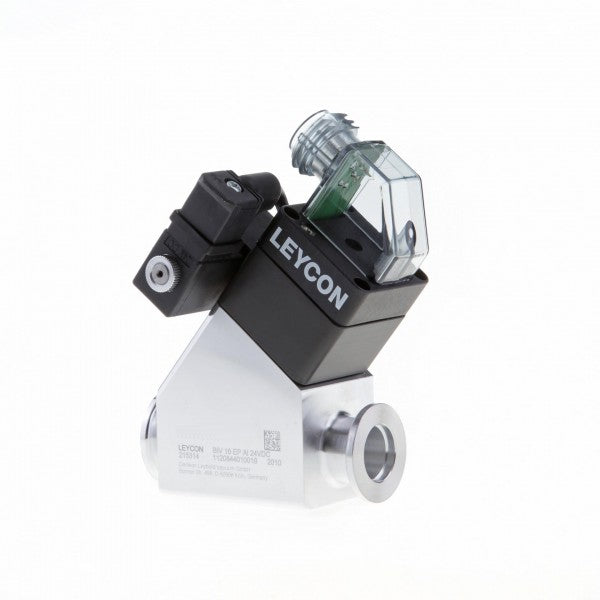 The image showcases a close-up of an ISO-KF straight-through valve by Leybold North America, electropneumatically operated with connectors and an electrical attachment. This device boasts a sleek, compact design in silver and black, with clear labeling. It includes a transparent protective cover on one part, making it perfect for vacuum systems.