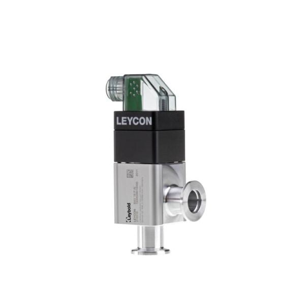 A Leybold North America ISO-KF Right angle valve, electropneumatically operated, features a cylindrical metallic body with a black and transparent plastic top cover revealing electronic components, and connection ports on both sides.