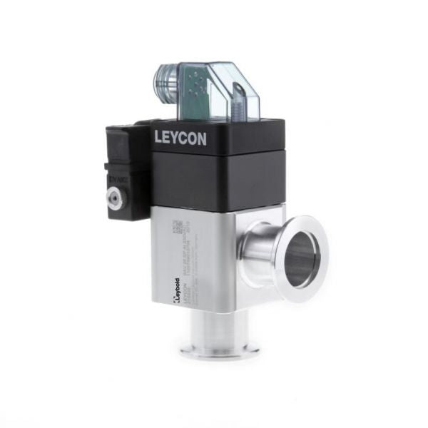 A Leybold North America ISO-KF Right angle valve, electropneumatically operated, with black and silver components. The valve features a cylindrical base and a transparent angled connector on top, appearing to have both electric and pneumatic control units attached.