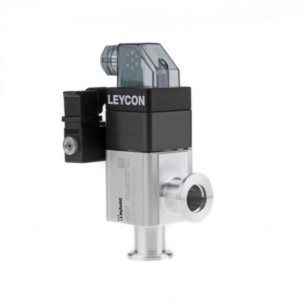 The DN 16 ISO-KF Right Angle Valve from Leybold North America is an electropneumatically operated metal valve with a transparent cover and black electronic part, ideal for gas and vacuum uses.