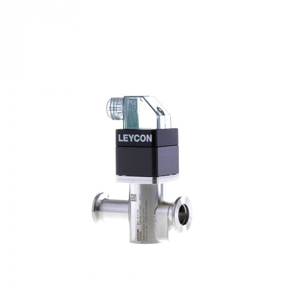 This ISO-KF Straight-through valve, electropneumatically operated by Leybold North America features a metallic vacuum gauge sensor with a cylindrical body and a transparent top labeled "LEYCON." The main body has a black band and is mounted horizontally. The base includes two circular flanges extending on either side for connection.