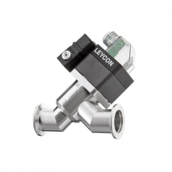 The ISO-KF Straight-through Valve from Leybold North America features stainless steel construction with flanged ends and is electropneumatically operated. It includes a black electronic actuator topped with a transparent cover, prominently displaying the "LEYCON" brand name. Engineered for industrial applications, it offers seamless integration into any pneumatic system for precise fluid control.