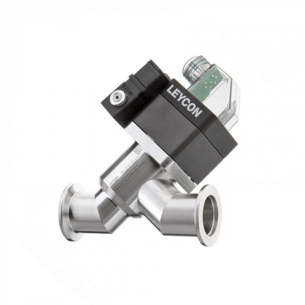 The electropneumatically operated ISO-KF straight-through valve from Leybold North America, featuring a robust metallic construction and a black actuator, expertly controls gas flow. Its T-shaped design with flanges on each end allows for seamless integration into vacuum systems.
