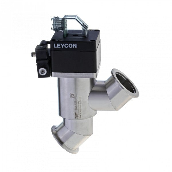 The ISO-KF Straight-through Valve, electropneumatically operated by Leybold North America, is a metal industrial valve featuring a T-shaped design and flanged ends. On top, it has a black rectangular component marked "Leycon." This valve expertly controls gas and vacuum flow in piping systems.