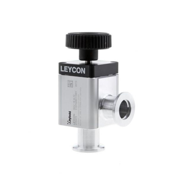 A manually operated ISO-KF right angle and straight-through valve from Leybold North America, featuring a large ribbed black rotary knob and a cylindrical connector protruding from the side. The valve has a silver body engraved with text and marked with "LEYCON" on a black band at the top, along with a barcode.