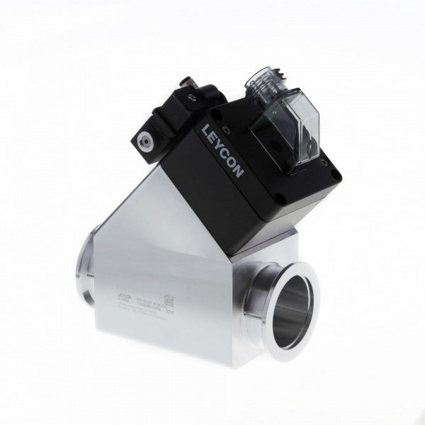 A sleek electropneumatically operated valve with a shiny silver body and black top labeled "Leybold North America," designed for vacuum applications. This ISO-KF straight-through valve features mounted components and circular openings, perfect for precise flow control, set against a plain white background.