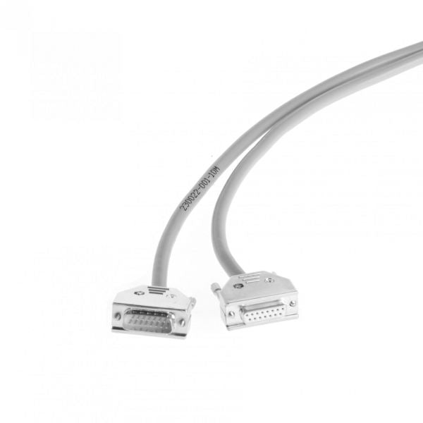 Two Leybold North America Connecting Cable Type C (5m), featuring gray rectangular connectors with visible pins, ensure efficient data transfer. These metal exterior cables are interconnected against a plain white background.