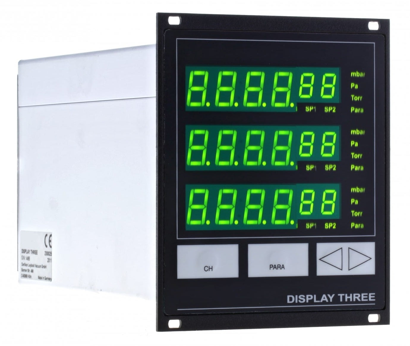 The Display THREE by Leybold North America Shop features a black and silver digital interface with three green LED screens for simultaneous mbar, Pa, and Torr monitoring. It includes three white buttons labeled CH, PARA, and another function. Text reads "DISPLAY THREE-CHANNEL PRESSURE.