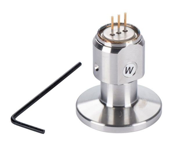 The Replacement Sensing Cell THERMOVAC TTR 91 DN 16 ISO-KF by Leybold North America features a stainless steel laboratory electrode with three golden pins on top, ideal for vacuum applications. It includes an L-shaped Allen wrench for convenience. The electrode's base is flat and wide for stability and is engraved with a logo featuring the letter "W," making it an excellent sensing cell replacement for the THERMOVAC TTR 91.