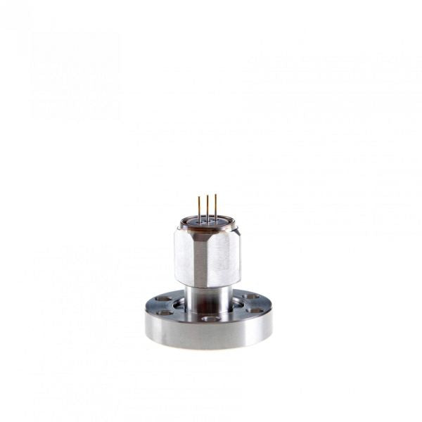 Close-up of the Replacement Sensing Cell THERMOVAC TTR 91 DN 16 CF by Leybold North America, featuring a cylindrical shape mounted on a circular base, ideal for vacuum applications. Several thin, vertical pins protrude from the top against a plain white background.