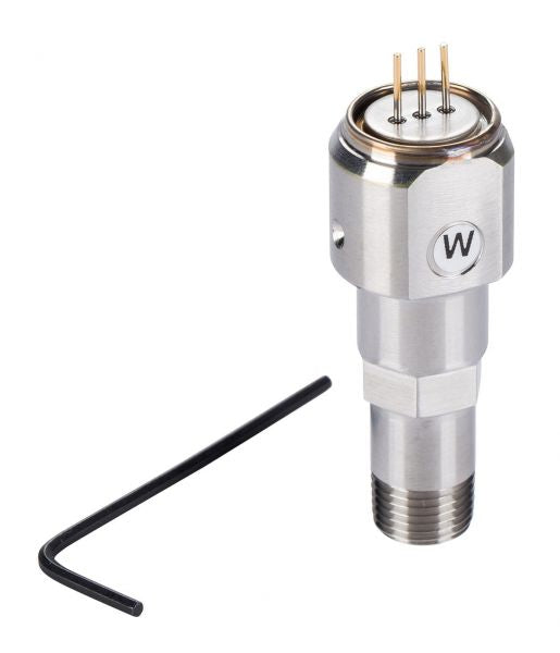 The Replacement Sensing Cell THERMOVAC TTR 91 1/8" NPT by Leybold North America, featuring a silver metal connector with three pins on top and branded with the THERMOVAC TTR logo, is elegantly displayed alongside a black L-shaped hex key against a pristine white background. This setup is ideal for temperature measurement in vacuum applications.