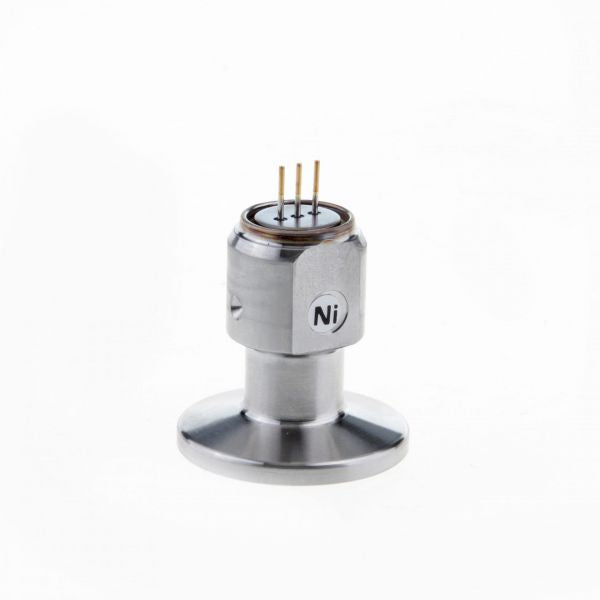 The Replacement Sensing Cell THERMOVAC TTR 96 DN 16 ISO-KF by Leybold North America features a round base and three protruding pins labeled "Ni," set against a plain white background. Designed for precision, this component integrates seamlessly with ISO-KF systems to ensure accurate vacuum measurement.