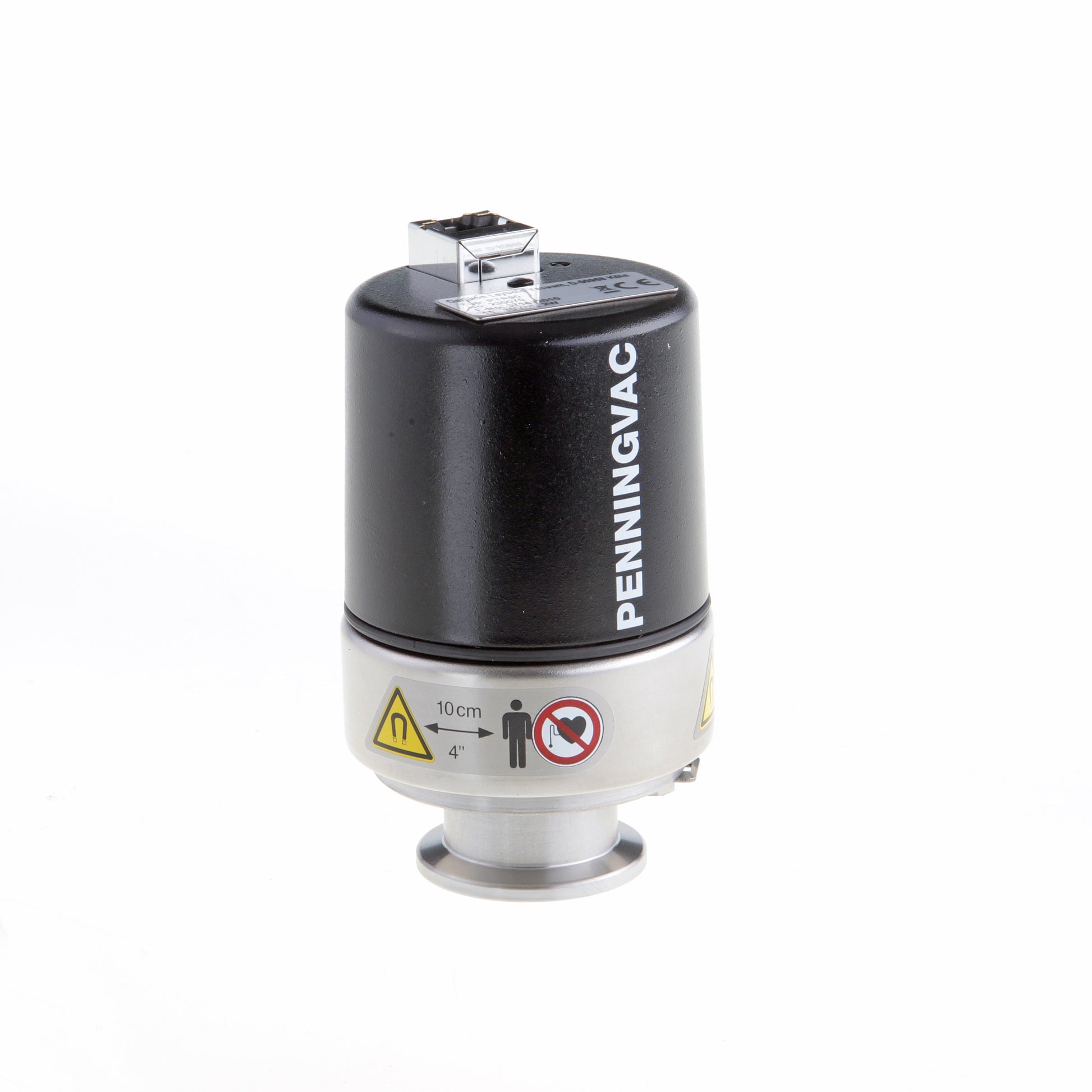 The image showcases the black and silver cylindrical Leybold North America Shop PENNINGVAC PTR 90 vacuum gauge, featuring warning labels and connectors for precise pressure measurements, on a white background.