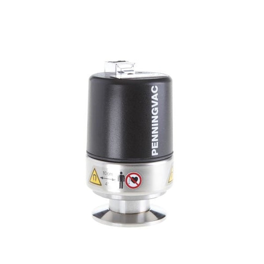 A close-up image of a PENNINGVAC PTR 90 vacuum gauge sensor from Leybold North America, featuring a black cylindrical top labeled "PENNINGVAC" and a metallic base. Warning and prohibition symbols are visible around the base, indicating safe operating distances and no-handling zones.