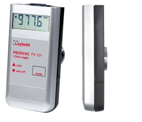 Two views of the Digital PIEZOVAC Sensor PV 101 from Leybold North America are shown. The front view displays a digital screen reading "977.6 mbar" and buttons labeled "cont," "auto off," and "mode." The side view highlights its slim profile and a connection port.
