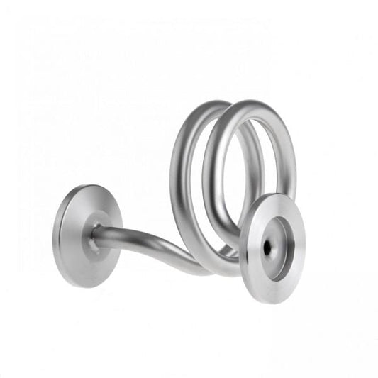 A modern, silver Spiral DN 16 ISO-KF by Leybold North America, designed for wall mounting with a unique, artistic appearance featuring two interlocking rings and two circular mounting bases on either end, seen against a plain white background.