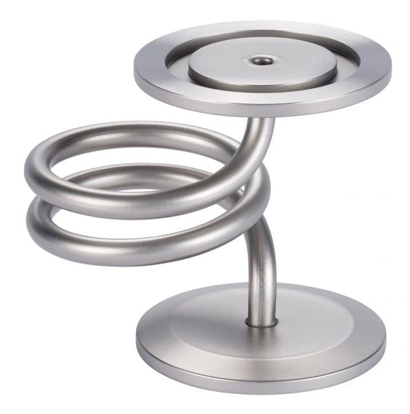 The Spiral DN 40 ISO-KF by Leybold North America is a metallic silver headphone stand with a spiral design. It features a circular base and top, along with a coiled middle section that adds an artistic touch. The sleek finish gives it a modern and stylish appearance.