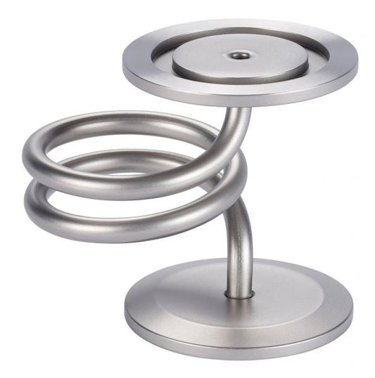 The Spiral DN 40 ISO-KF by Leybold North America is a metallic silver headphone stand with a spiral design. It features a circular base and top, along with a coiled middle section that adds an artistic touch. The sleek finish gives it a modern and stylish appearance.