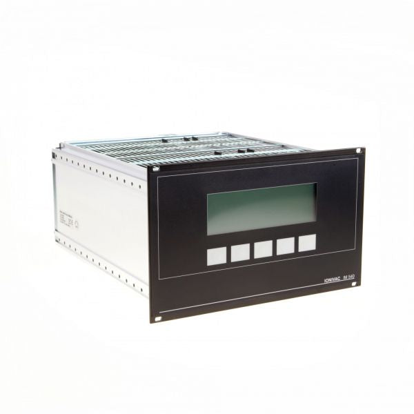 The IONIVAC IM 540 - US/EU-Version - 115V/230V by Leybold North America is a rectangular electronic device with a black front panel featuring a blank digital display screen and four white rectangular buttons below it. The sides of the device have a metallic finish with vent openings on the top.