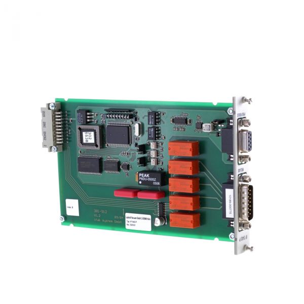 The Profibus Interface for IM 540 by Leybold North America is an electronic circuit board equipped with numerous integrated circuits, connectors, and red components tailored for seamless communication in automation projects. It comes with a metal bracket featuring two serial ports along the edge. Branded "PEAK," it includes multiple chips and a Profibus interface to enhance connectivity.