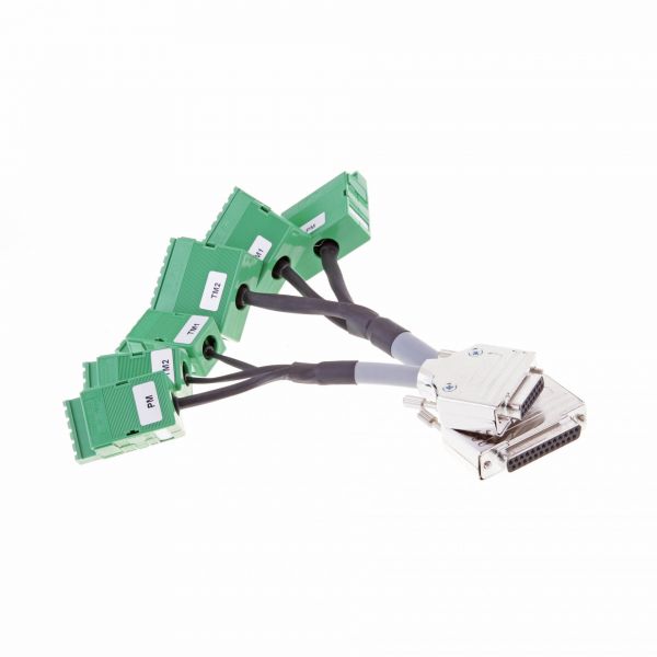 The image shows the Leybold North America Cable adapter set CM31 - CM51 with a 37-pin D-sub connector on one end and multiple green Phoenix connectors branching out from the other end. The Phoenix connectors are labeled with different numbers. This cable set is used for industrial or electronic applications.