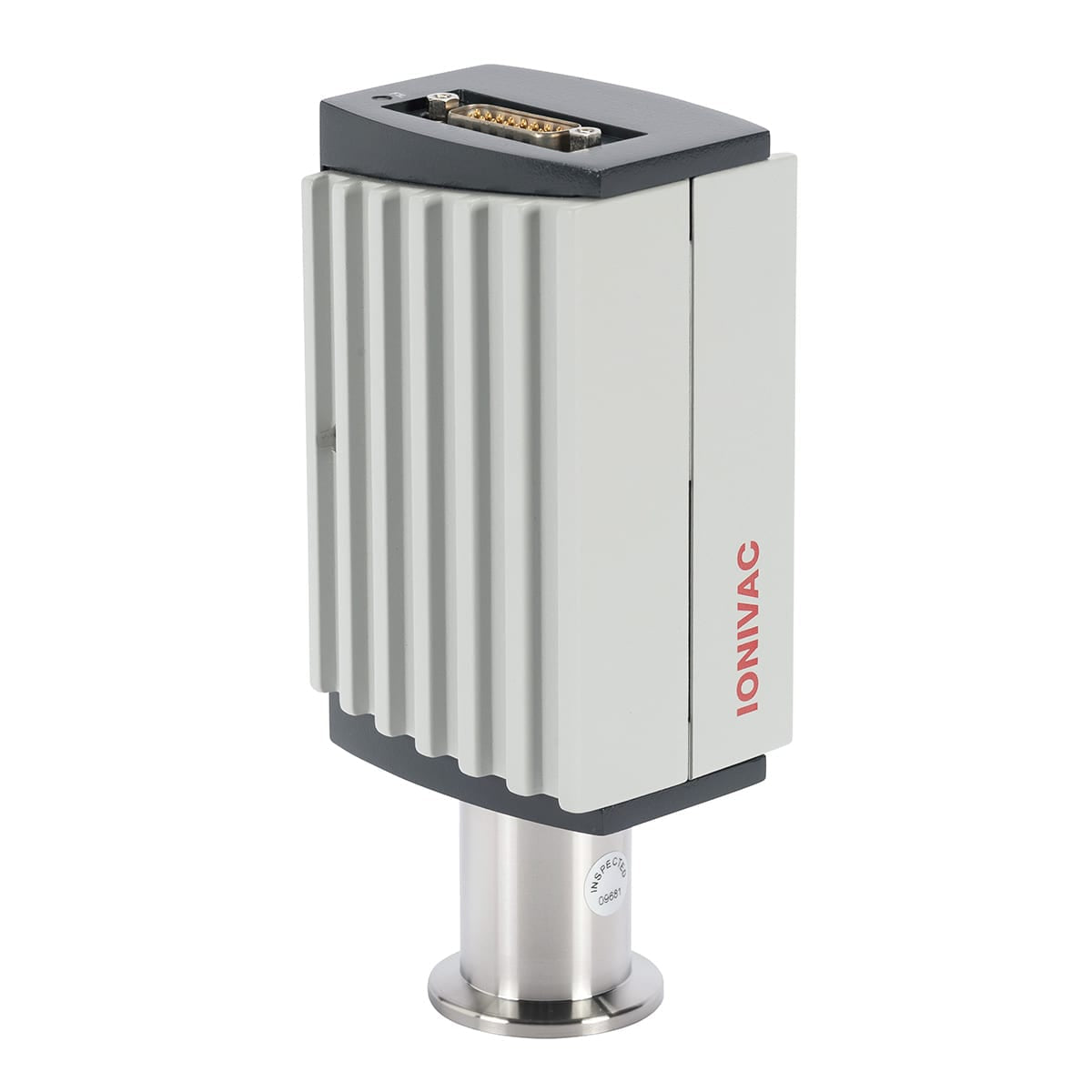 The IONIVAC ITR 200 by Leybold North America Shop is a cylindrical metallic device with a ribbed, rectangular section on a round base. It connects via a Type C cable and multiple pins, indicating use in pressure measurement systems for industrial or technical applications.