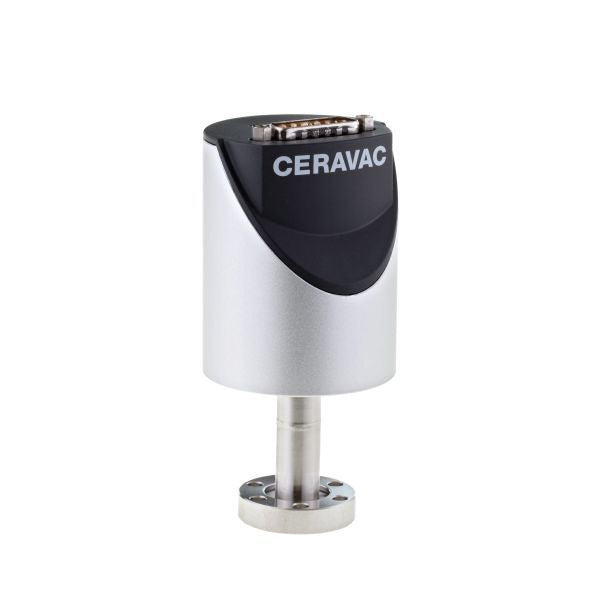 The CERAVAC CTR 100 by Leybold North America is a cylindrical, metallic sensor device featuring a branding label "CERAVAC" on the upper side. It includes a connector port on the top and a mounting base at the bottom, designed for precision measurements and monitoring.