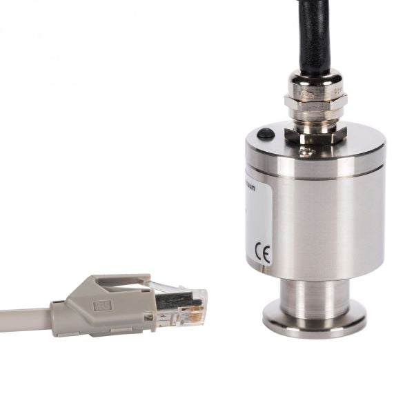 A cylindrical metal sensor, the DU 201 from Leybold North America, with a cable attached to the top is placed on a white background. Next to the DU 201 sensor is an Ethernet cable connector. The sensor features a CE marking indicating it meets European safety standards.