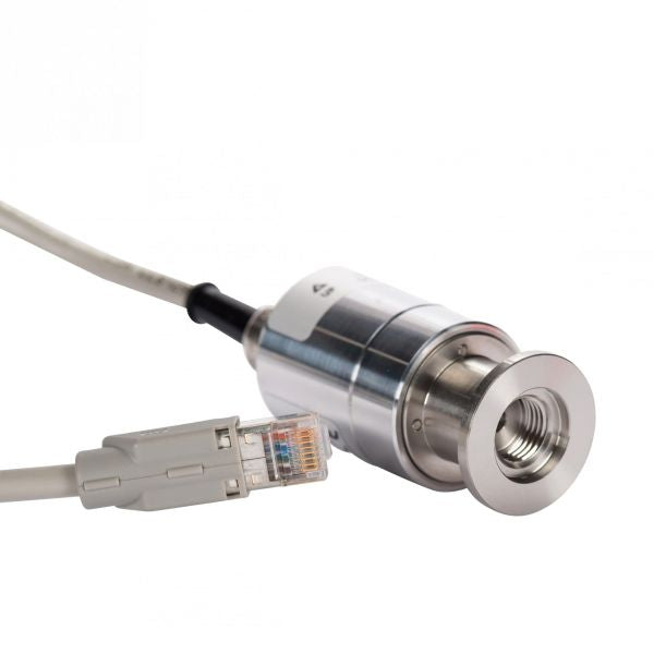 A close-up image features the DU 2000 from Leybold North America, a metallic cylindrical device connected to a white Ethernet cable with an RJ45 connector. The device, which appears to be a sensor or specialized industrial connector, has a threaded opening on one end. The backdrop is plain white.