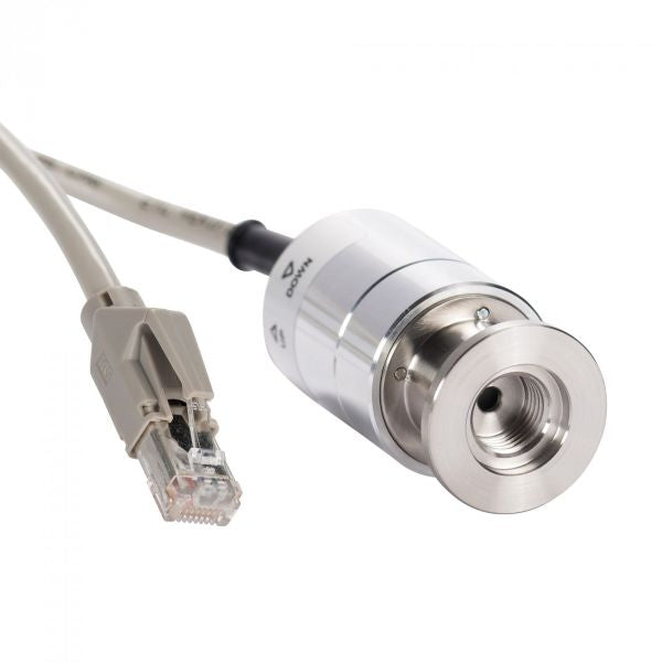 Close-up image of a Leybold North America DU 2001, a silver cylindrical device with an attached cable ending in an Ethernet connector. This precise engineering marvel features a metallic body and appears to be a cutting-edge sensor or industrial connector. The background is plain white.