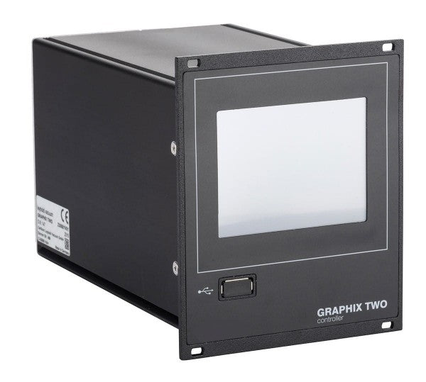 A black GRAPHIX TWO controller by Leybold North America, featuring a rectangular touchscreen display on the front panel. Below the display, there is a small button and a USB port. The device has a boxy shape with vents on the side.