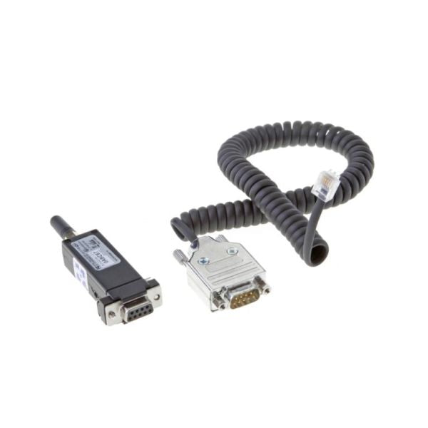 The Leybold North America Wireless Transmitter RC 310 WL with Connection Cable offers seamless connectivity with its coiled cable, featuring a multi-pin metal adapter and a flexible plastic RJ45 connector for quick pairing.
