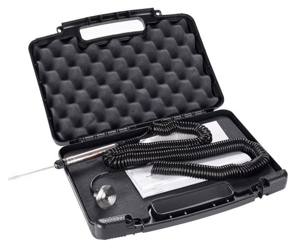 A black case with foam interior houses the SL301 - Sniffer Line for PHOENIX (10 m) by Leybold North America, featuring a coiled cable connected to a metal probe and circular component. A folded piece of paper is nearby.