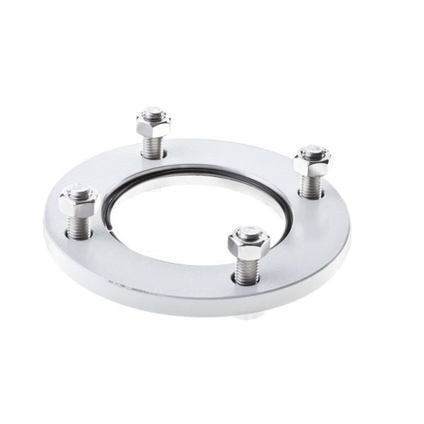 A Collar Flange with Retaining Ring ISO-K - DIN 2501 from Leybold North America, featuring a circular design with four evenly spaced bolts and nuts. The interior of the flange is hollow, and the entire piece shines with a silver-colored metal finish against a plain white background.