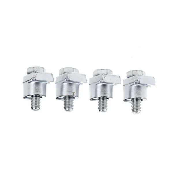Four identical Leybold North America Claws for ISO-K Flanges DN 630 ISO-K, each with an attached rectangular washer, aligned horizontally on a white background—ideal for industrial flange securing applications.