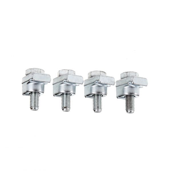 Four Leybold North America Claws for Sealing Groove in Base Plate DN 320/500 ISO-K are arranged in a row on a white background—perfect for sealing groove applications in vacuum systems.
