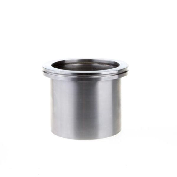 The stainless steel Clamp Flanges DN 63 ISO-K from Leybold North America feature a cylindrical design with a flat base and wide top opening, ideal for industrial applications. The smooth, shiny surface reflects light beautifully, suggesting use as a pipe connector against a plain white background.