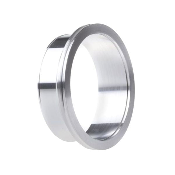 The Leybold North America Connections for Compensation Elements DN 160 ISO-K is a shiny, metallic circular ring with a flange, designed for stability and ISO interface compatibility, shown angled on a white background.