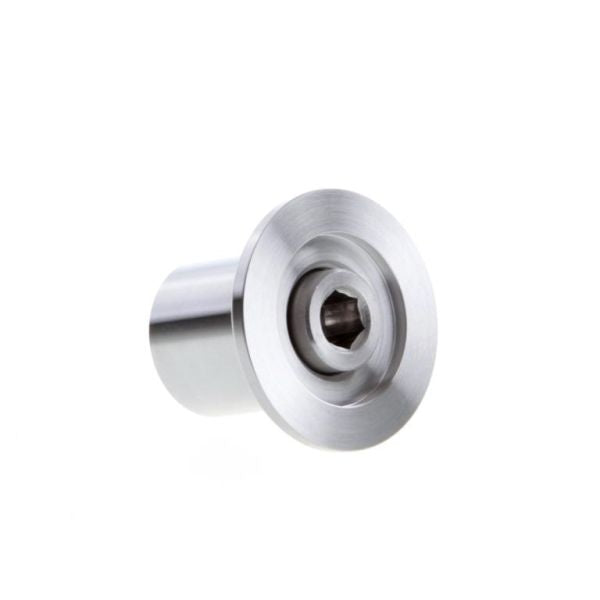 A silver, cylindrical Leybold North America Vacuum Sealing Valve DN 16 ISO-KF with a flange and central hexagonal hole, designed for vacuum sealing systems, is isolated on a white background.